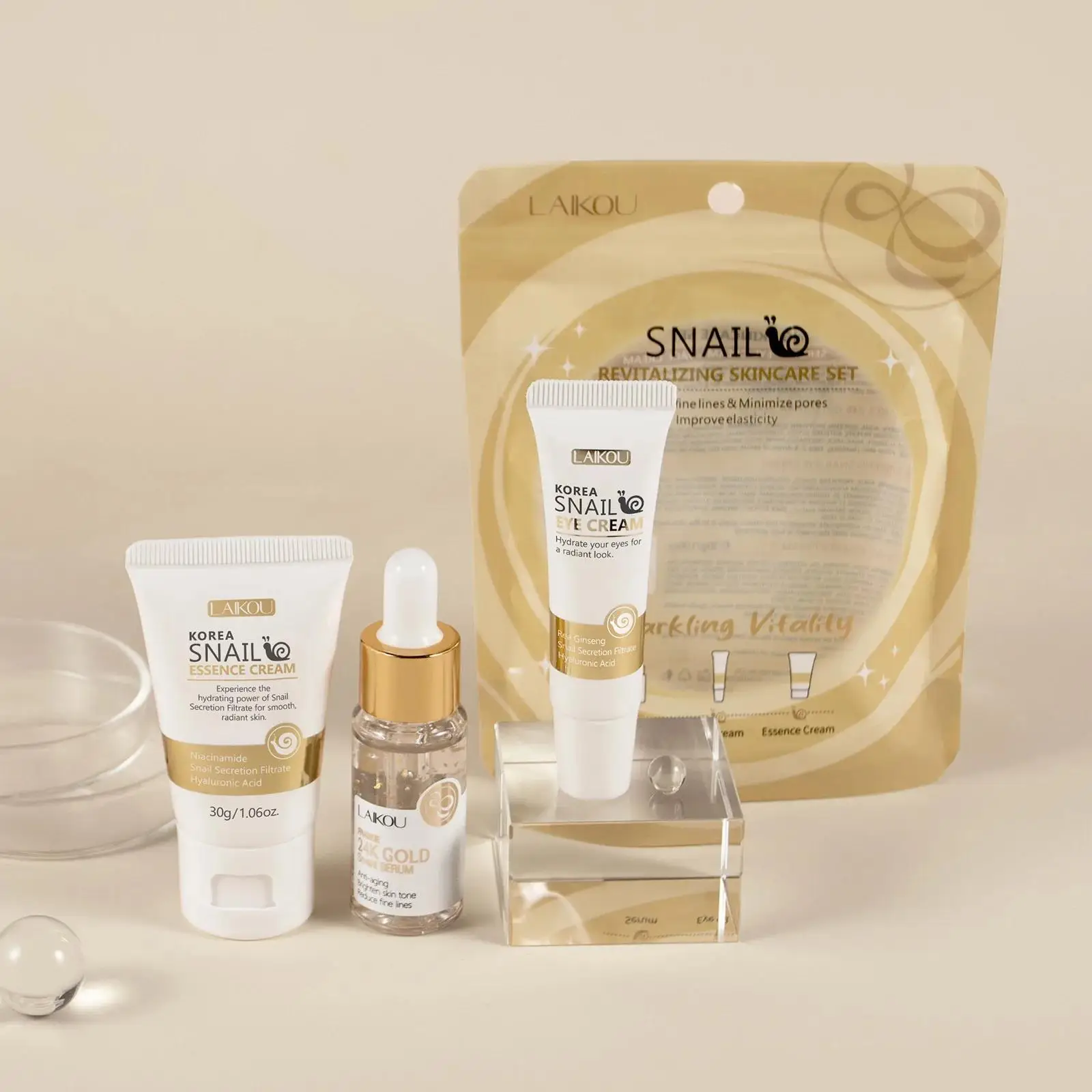 Luxury Skincare Set - 24K Gold Snail Repair Serum Augencreme-Essenz-Set